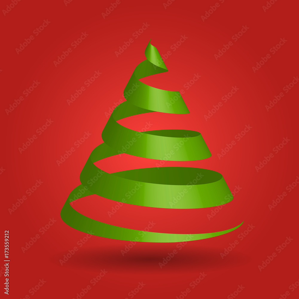 Green glossy ribbon in a shape of Christmas tree. Modern and elegant Merry Christmas theme. 3D vector illustration with dropped shadow and red gradient background. Green glossy ribbon in a shape of Christmas tree. Modern and elegant Merry Christmas theme. 3D vector illustration with dropped shadow and red gradient background.