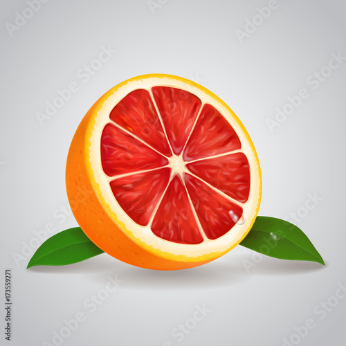 Grapefruit realistic 3d illustration with leaves Vector illustration