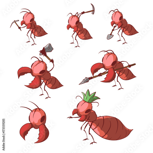 Collection of colorful vector illustrations of cartoon red ant colony
