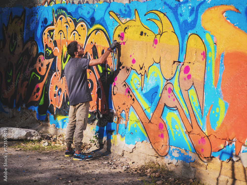 Obraz premium Sztuka kreatywna - nastoletni chłopiec malujący kolorowe abstrakcyjne ornamenty graffiti na ścianie ulicy sprayem w aerozolu. Widok z tyłu, plan ogólny