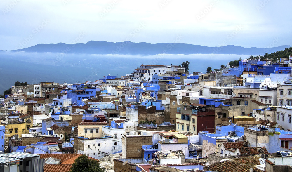 Panorama of Chefchaouen blue medina in Rif mountains, Morocco, North Africa