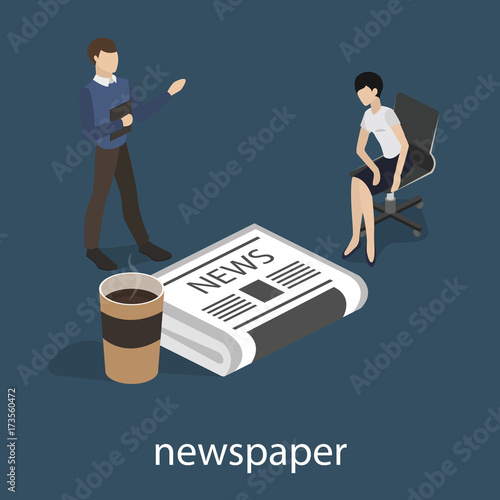 Isometric 3D vector illustration concept journalists or businessmen discuss the morning news. Aspiration to get on the front page of news. A cup of coffee or tea with a newspaper.