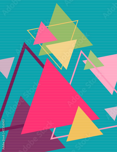 Abstract retro poster with multicolored triangles. Vector graphic design