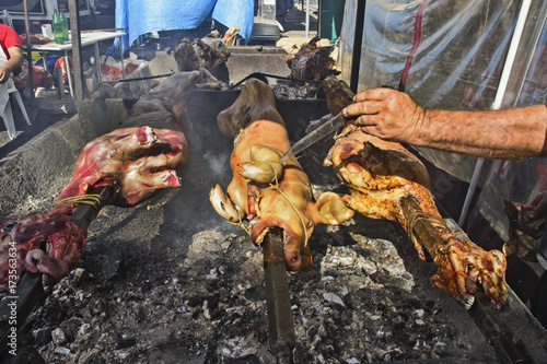 Lamb and pig roast on the grill