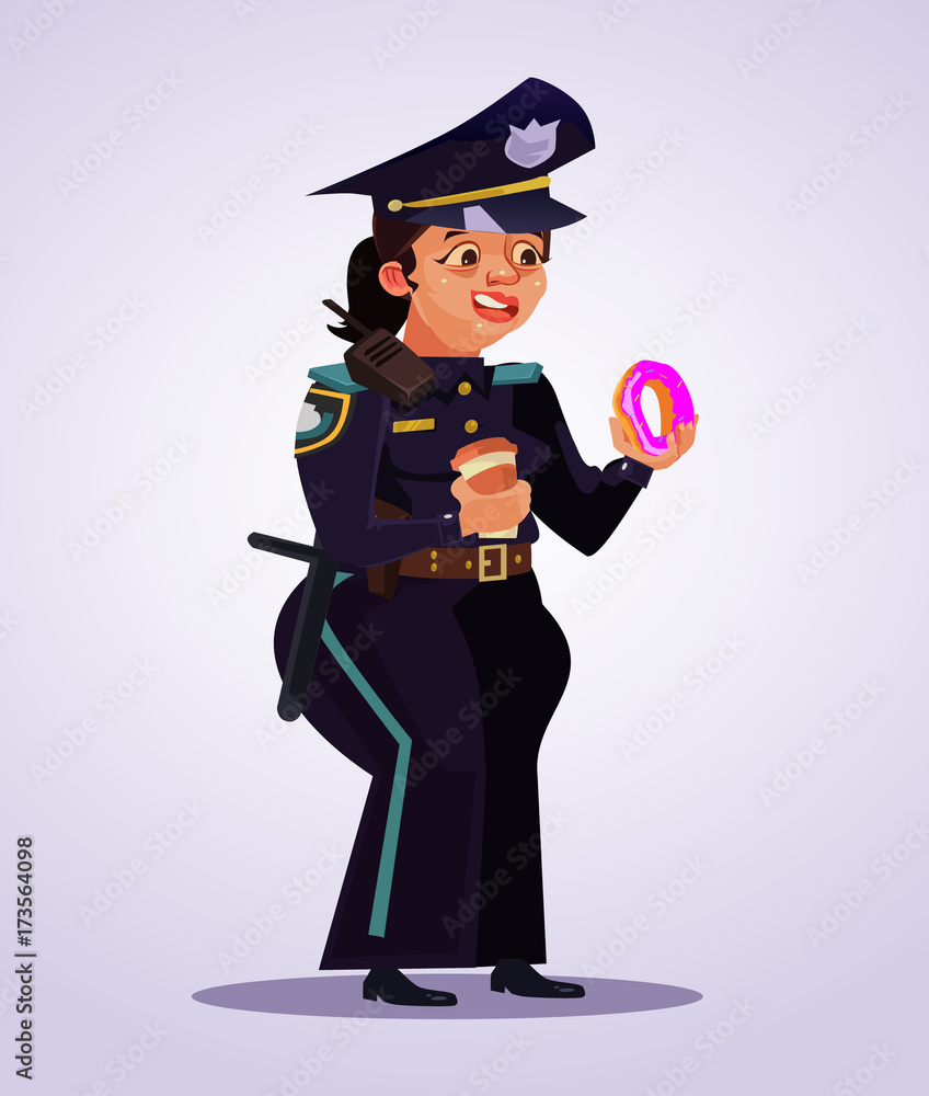Happy smiling police officer woman character eating donut and drink coffee.  Vector flat cartoon illustration Stock Vector | Adobe Stock