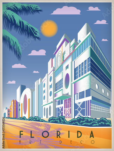 Sunny day in Florida, USA. Handmade drawing vector illustration. Art deco style. All buildings - customizable different objects.
