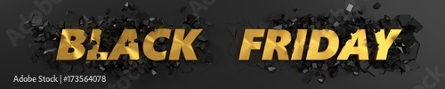 black friday header with golden text and exploding background. 3d illustration.