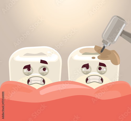 Teeth treatment with dental drill. Vector flat cartoon illustration