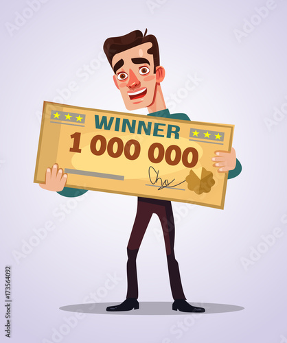 Happy smiling winner man character hold golden check. Vector flat cartoon illustration