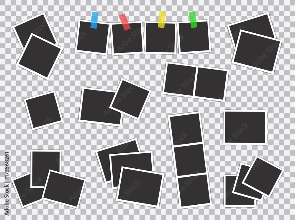 Big set of square vector photo frames on sticky tape, pins and rivets. Vertical and horizontal template photo design. Vector illustration. Isolated on transparent background Big set of square vector photo frames on sticky tape, pins and rivets. Vertical and horizontal template photo design. Vector illustration. Isolated on transparent background