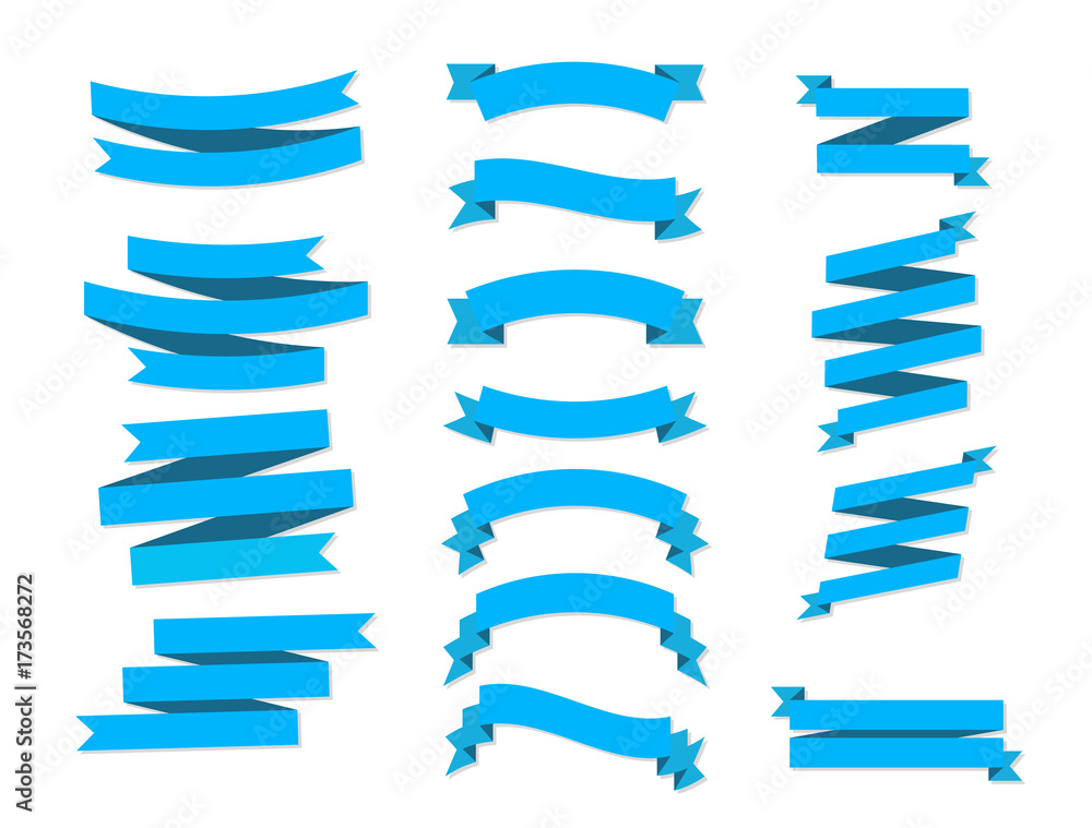 Flat vector ribbons banners flat isolated on white background, Illustration set of blue tape. Flat vector ribbons banners flat isolated on white background, Illustration set of blue tape.