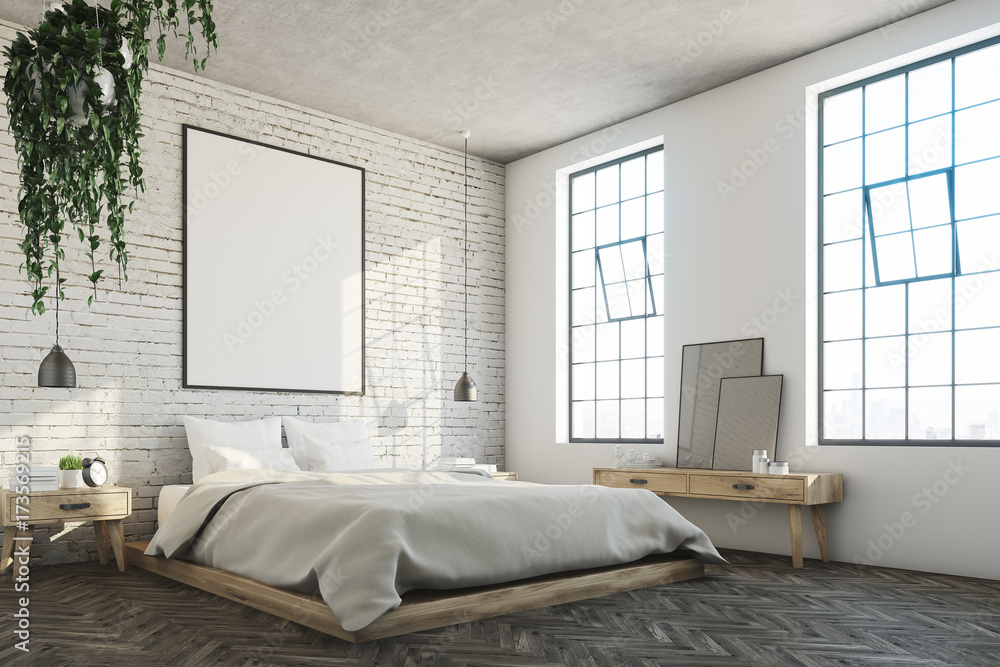 Fototapeta premium White brick bedroom, poster corner