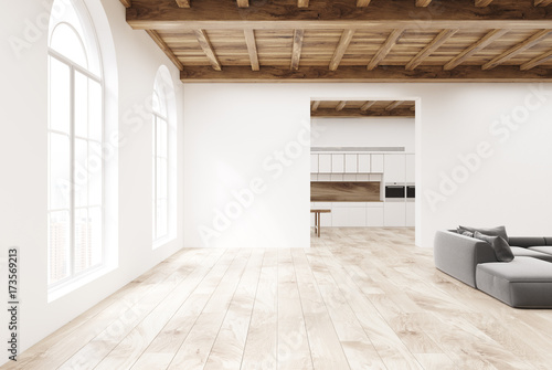 White kitchen interior and living room