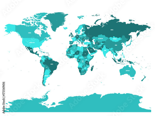 World map in four shades of turquoise blue on white background. High detail political map with country names. Vector illustration.