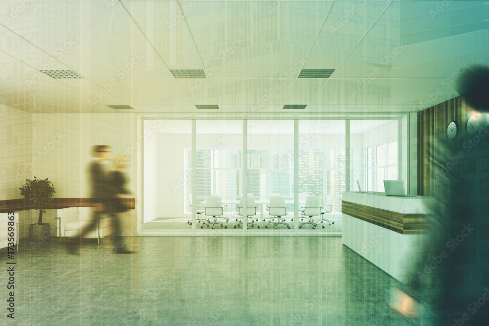 White wooden reception, meeting room side, people White wooden reception, meeting room side, people