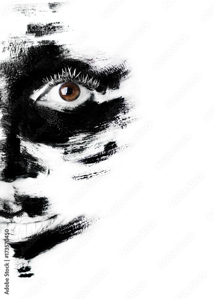 Obraz premium Beauty portrait with creative make-up, painted white textured face paint