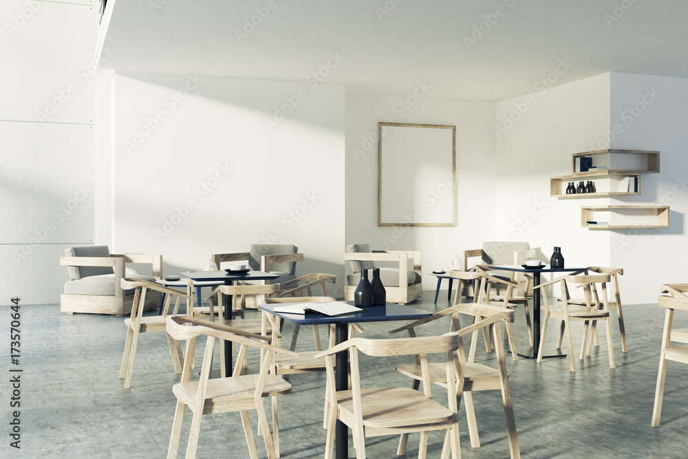 Loft cafe black tables, white chairs, poster side Loft cafe black tables, white chairs, poster side