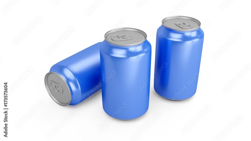 3d rendering of three blue aluminum cans over white background 3d rendering of three blue aluminum cans over white background
