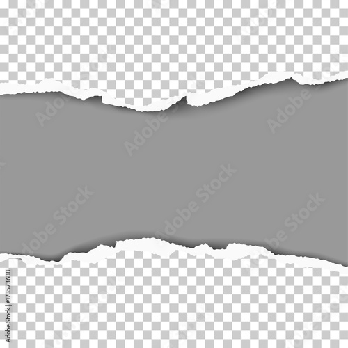 Snatched hole from middle of transparent sheet of paper with torn edges and gray background of resulting window. Vector template paper design.