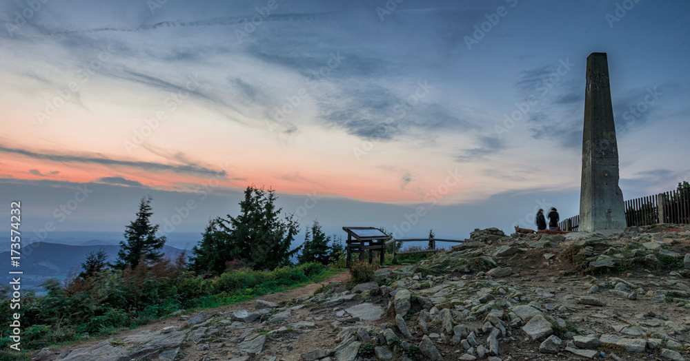 Lysa hora, Sunset on Lysa top of peak with monument, Beskydy mountain range, Czech Republic