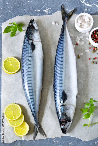 Vászonkép Fresh, raw mackerel with lemon and spices on a concrete background