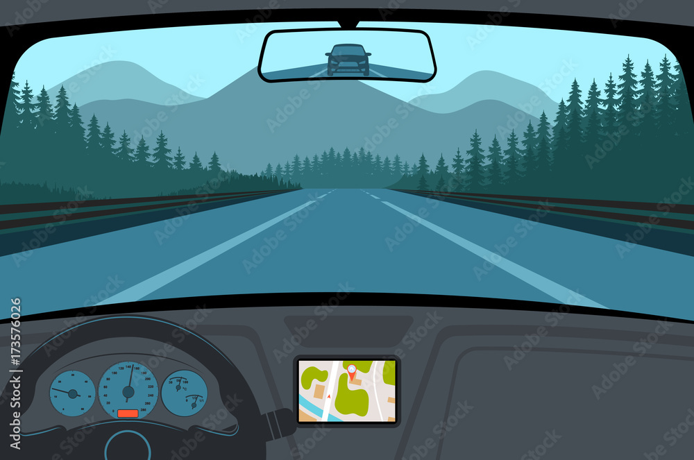 Fototapeta premium Car on the road, a view from salon.