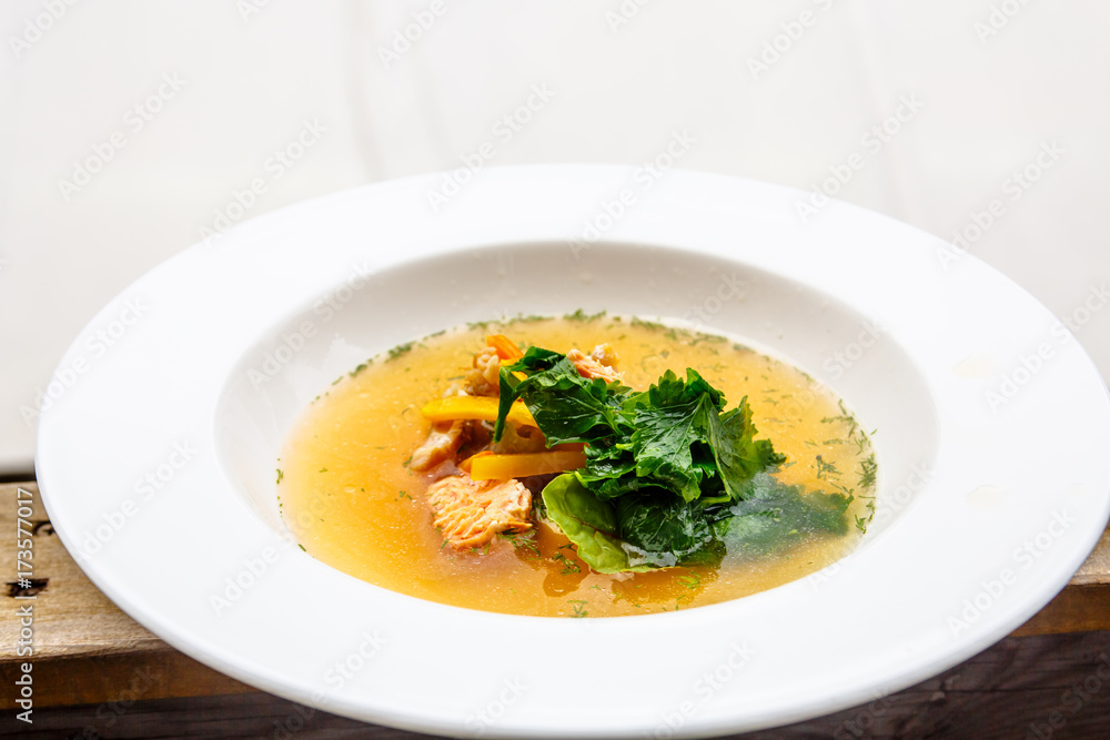 Fish soup with salmon and clear broth. Fish soup with salmon and clear broth.