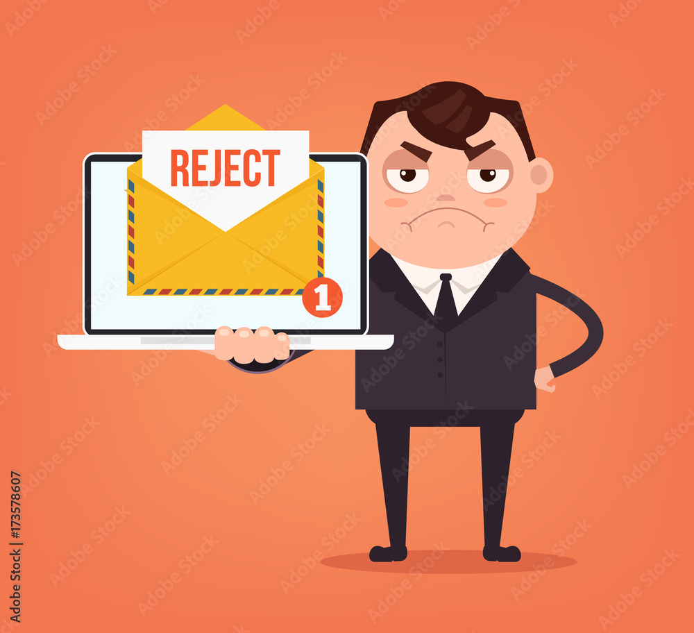 Angry sad businessman office worker man character receive reject letter document envelope by email online web site. Vector flat cartoon illustration