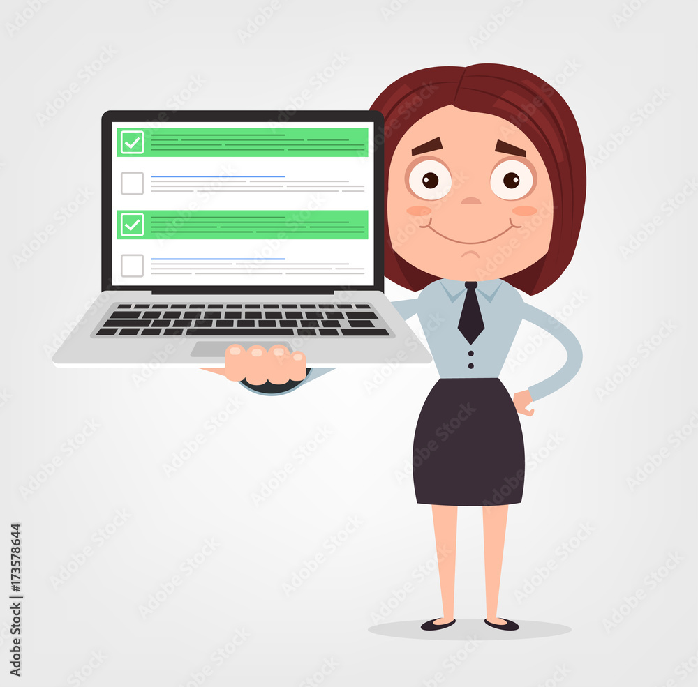 Happy smiling business woman office worker character hold laptop with checkboxes. Vector flat cartoon illustration Happy smiling business woman office worker character hold laptop with checkboxes. Vector flat cartoon illustration