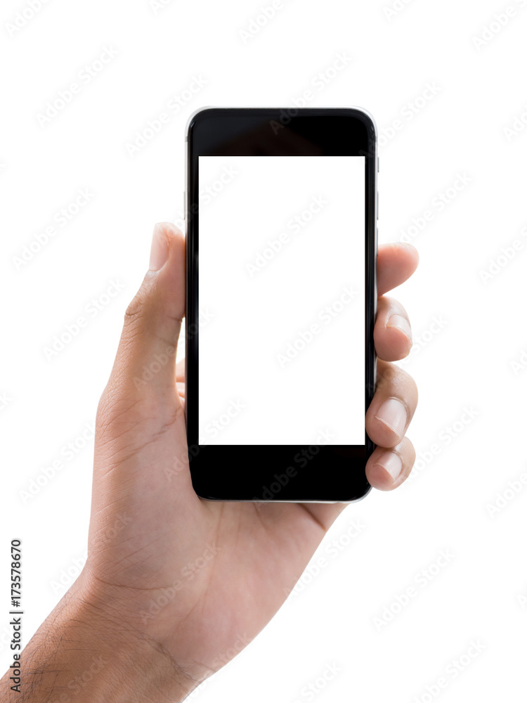 Isolate man hand holding black smart phone(mobile or cell phone with touch screen) with empty blank white screen on white background Isolate man hand holding black smart phone(mobile or cell phone with touch screen) with empty blank white screen on white background