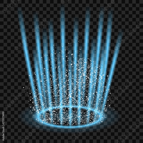Stage light scene with particles on transparent vector background.