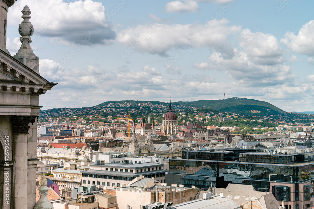 Panoramic view with clouds from the St. Stephen's Basilica, Budapest, Hungary at the summer.