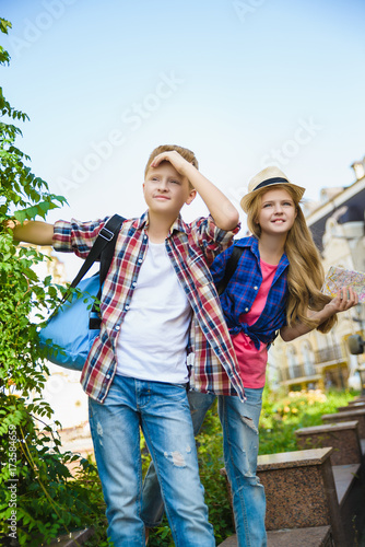 kids looks into the distance. Tourism and Vacation concept