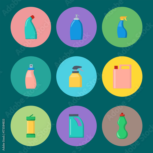 Bottles of household chemicals supplies cleaning housework liquid domestic fluid cleaner pack vector illustration.