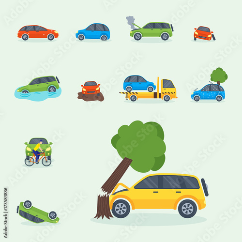 Car crash collision traffic insurance safety automobile emergency disaster and emergency repair transport vector illustration.