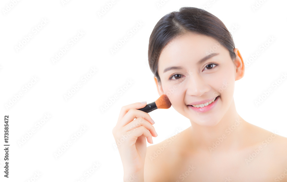 Beauty asian woman applying make up with brush isolated on white background, health clean skin concept. Beauty asian woman applying make up with brush isolated on white background, health clean skin concept.