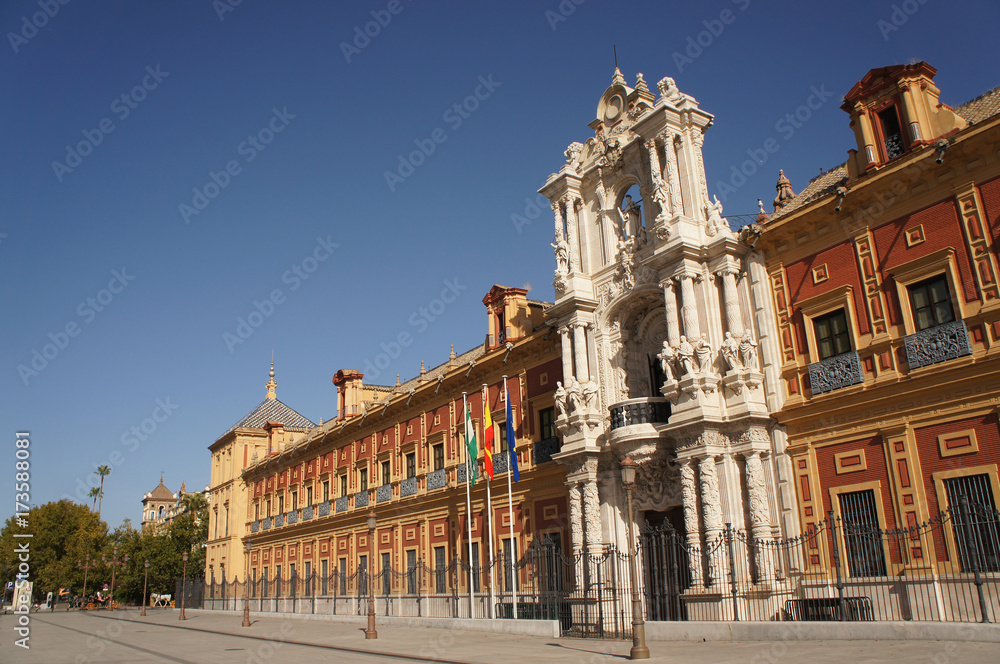 Facade of the Palace of San Telmo (Palacio de San Telmo) in Sevilla, Spain