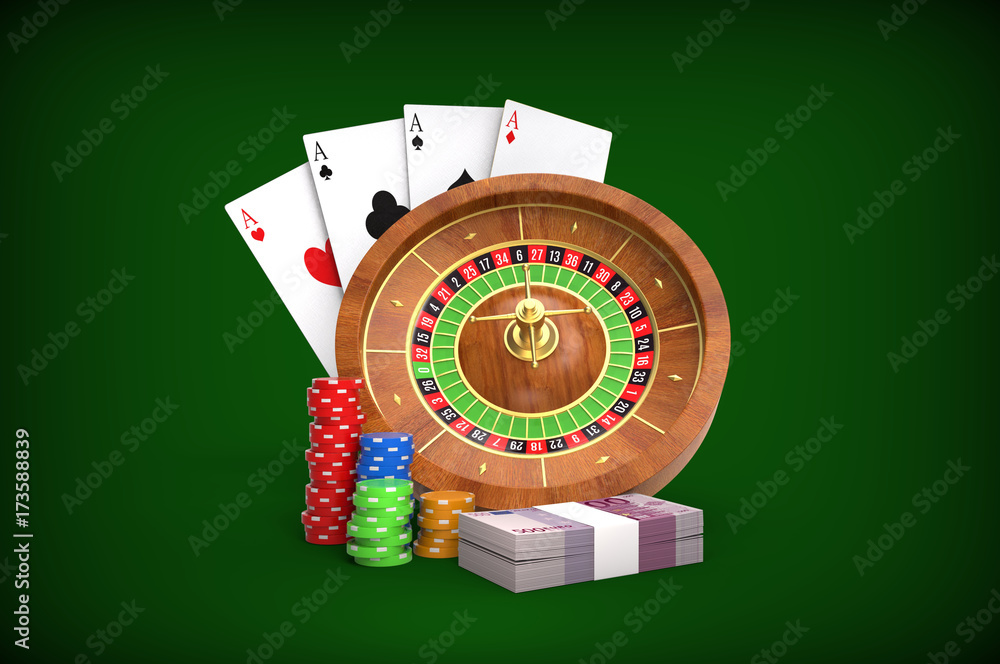 Roulette concept. Cards, dices, money, coins. 3D rendering. Roulette concept. Cards, dices, money, coins. 3D rendering.
