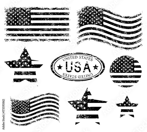 USA American grunge flag set, black isolated on white background, vector illustration.
