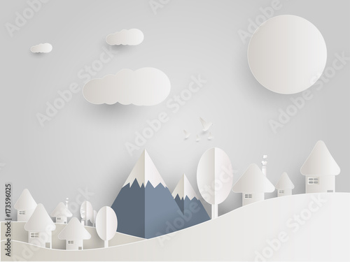 Landscape city of mushroom houses on sun day in winter, sky  with cloud Stars and mountains, paper art style.