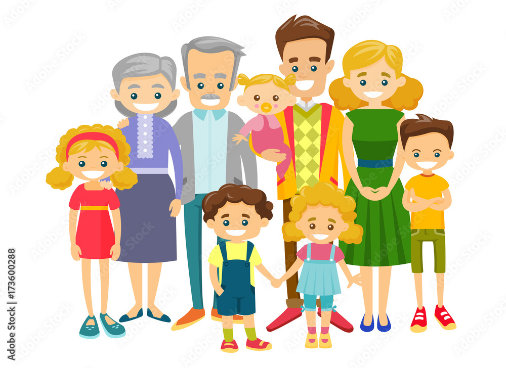 Happy extended caucasian smiling family with old grandparents, young