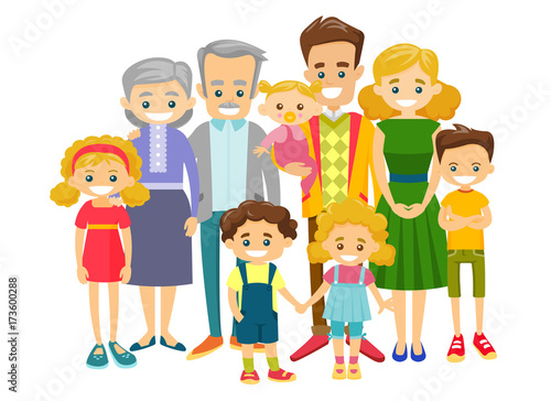 Happy extended caucasian smiling family with old grandparents, young parents and many children. Portrait of big family together with cheerful smile. Vector illustration isolated on white background.