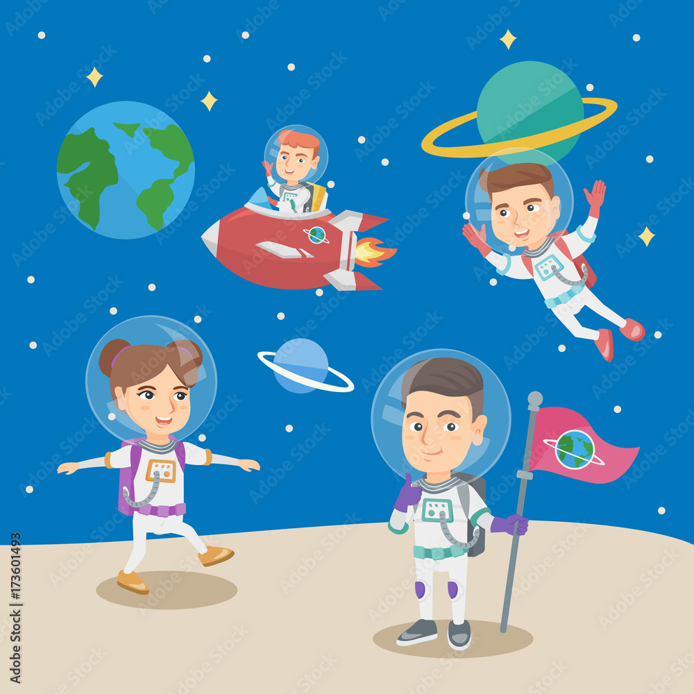 Fototapeta premium Caucasian kids astronauts in space suits floating in space, riding a spaceship, settling a flag. Group of little children playing in the astronauts. Vector cartoon illustration. Square layout.
