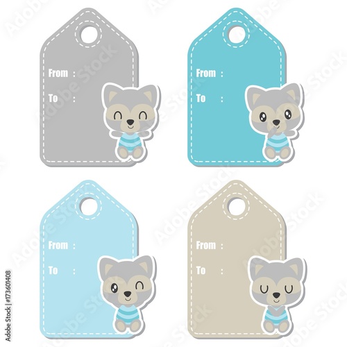 Cute raccoon boy vector cartoon illustration for baby shower gift tag design, label tag and sticker set design
