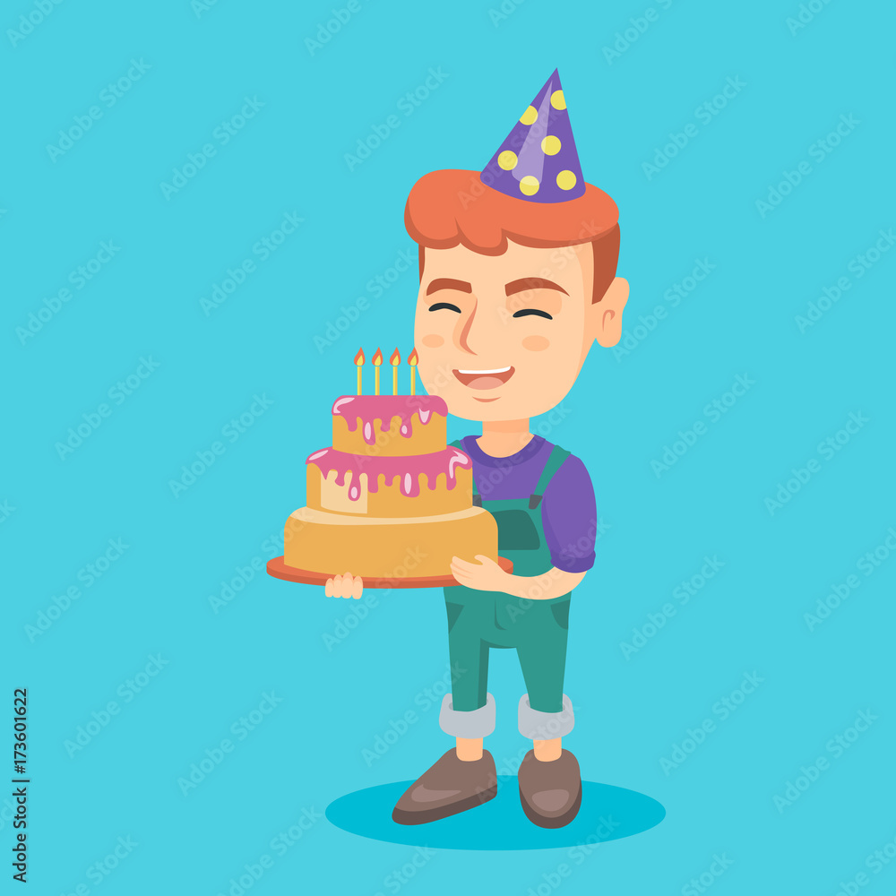 Little happy caucasian child in cap holding a birthday cake with candles.  Cheerful boy celebrating birthday with a cake. Boy blowing out candles on a  cake. Vector cartoon illustration. Square layout. Stock