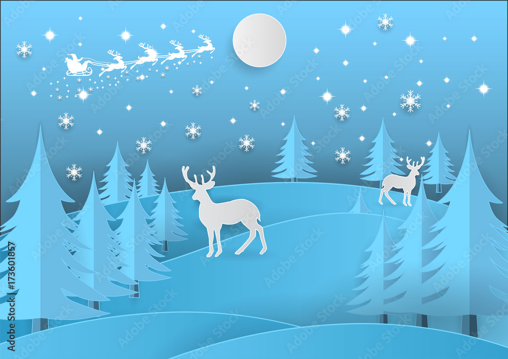 Merry Christmas. Illustration of Santa Claus on the sky with snowflake, deer and tree, paper art and craft style Merry Christmas. Illustration of Santa Claus on the sky with snowflake, deer and tree, paper art and craft style