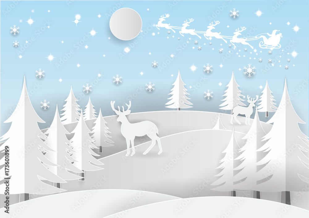 Illustration of Santa Claus on the sky with snowflake, deer and tree, paper art and craft style Illustration of Santa Claus on the sky with snowflake, deer and tree, paper art and craft style