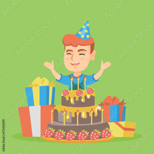 Little caucasian boy jumping out of large cake. Smiling boy standing with raised hands in the cake. Cheerful boy wearing party hat and celebrating birthday. Vector cartoon illustration. Square layout.