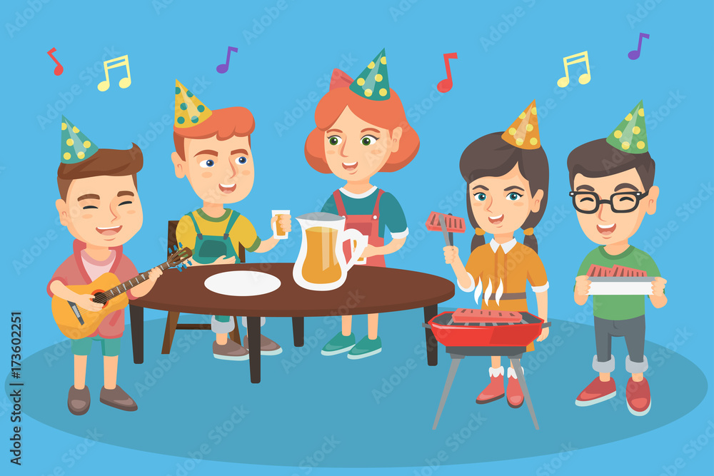 Group of caucasian joyful children having fun at outdoor birthday party. Company of happy boys and girls celebrating birthday party outdoors. Vector cartoon illustration. Horizontal layout. Group of caucasian joyful children having fun at outdoor birthday party. Company of happy boys and girls celebrating birthday party outdoors. Vector cartoon illustration. Horizontal layout.
