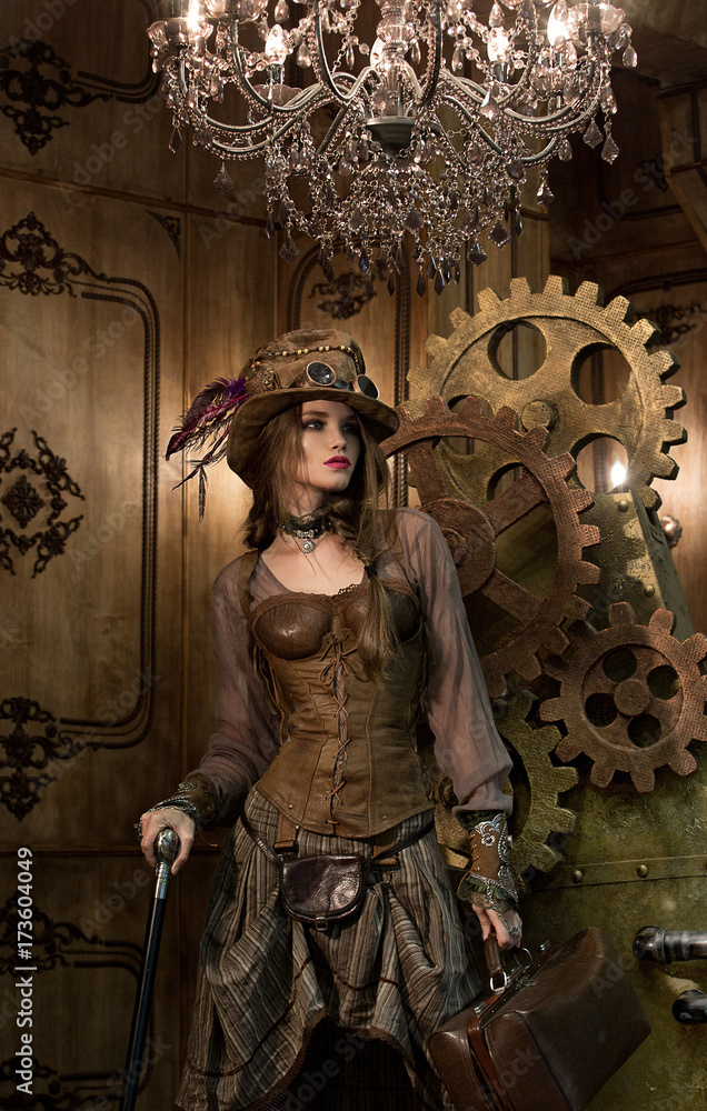 Beautiful girl model in the style of a steampunk in a beautiful